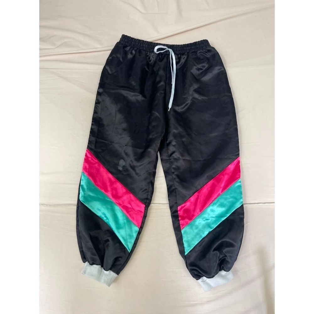 Vintage Style Satin Colorblock Joggers Black Pink Teal Retro Track Pants Medium